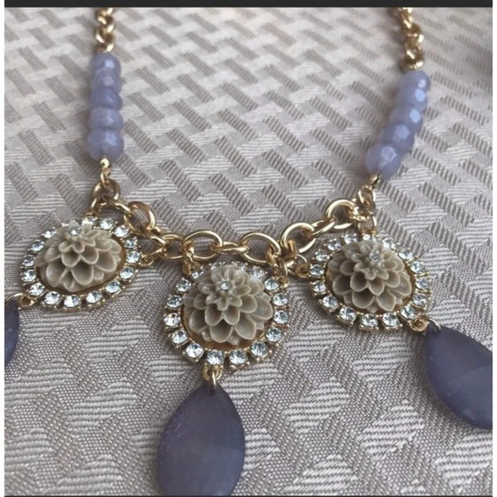 Plunder Design Jewelry Set Gold Tone‎ Lavender Bead Necklace Tassel Earrings